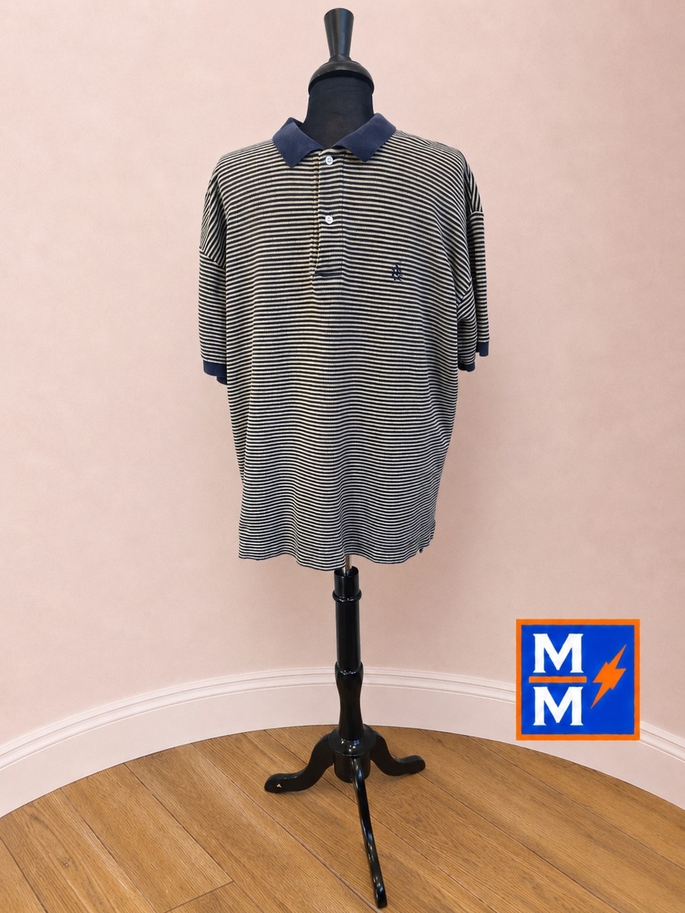 Nautica Striped Polo Shirt Men's Large Navy Cream Cotton Rugby Style MADE IN USA